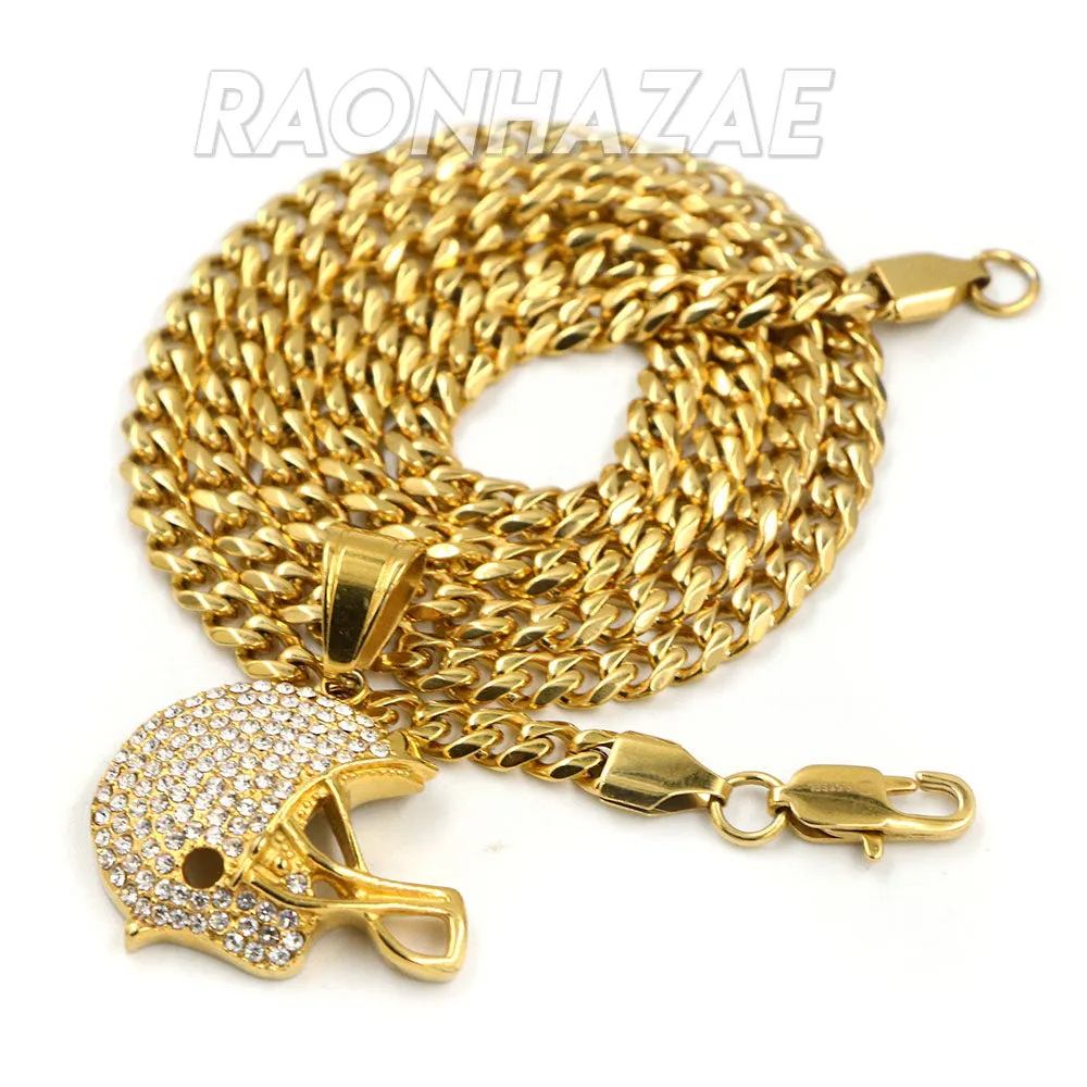 316L Solid Stainless Steel Hip Hop American Football Helmet Pendant w/ 5mm Miami Cuban Chain