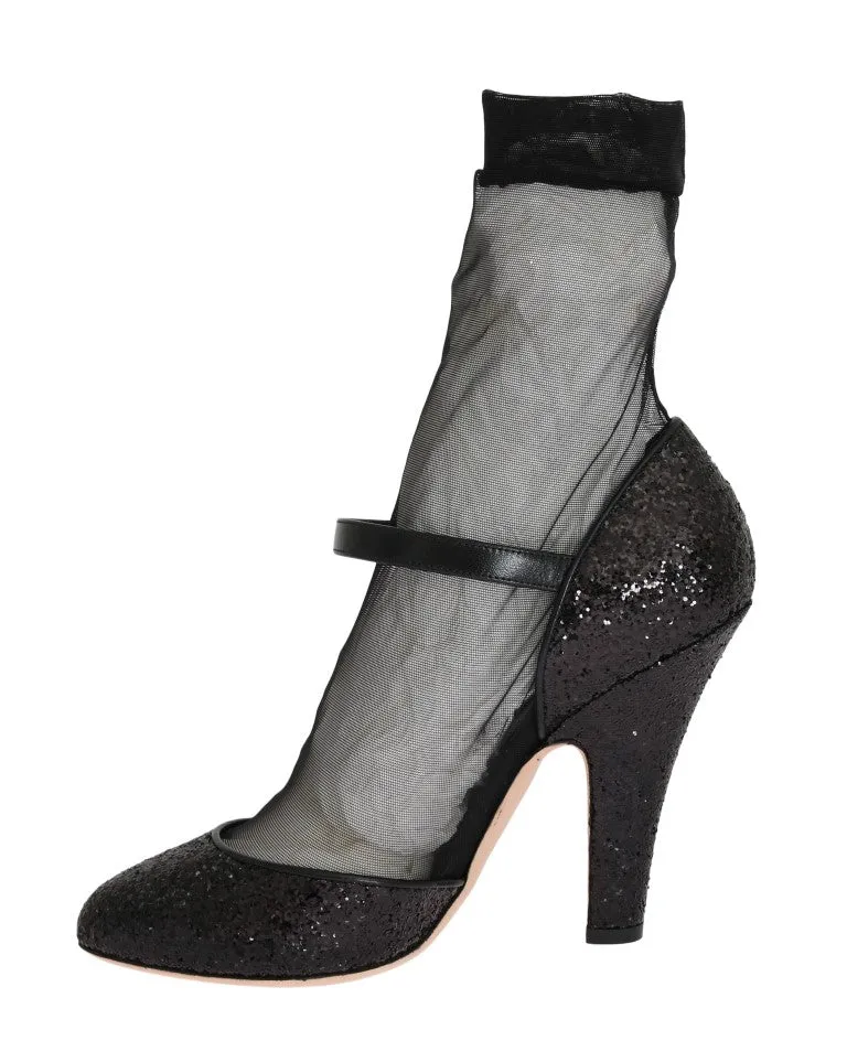 Black Leather Socks Glitter Pumps