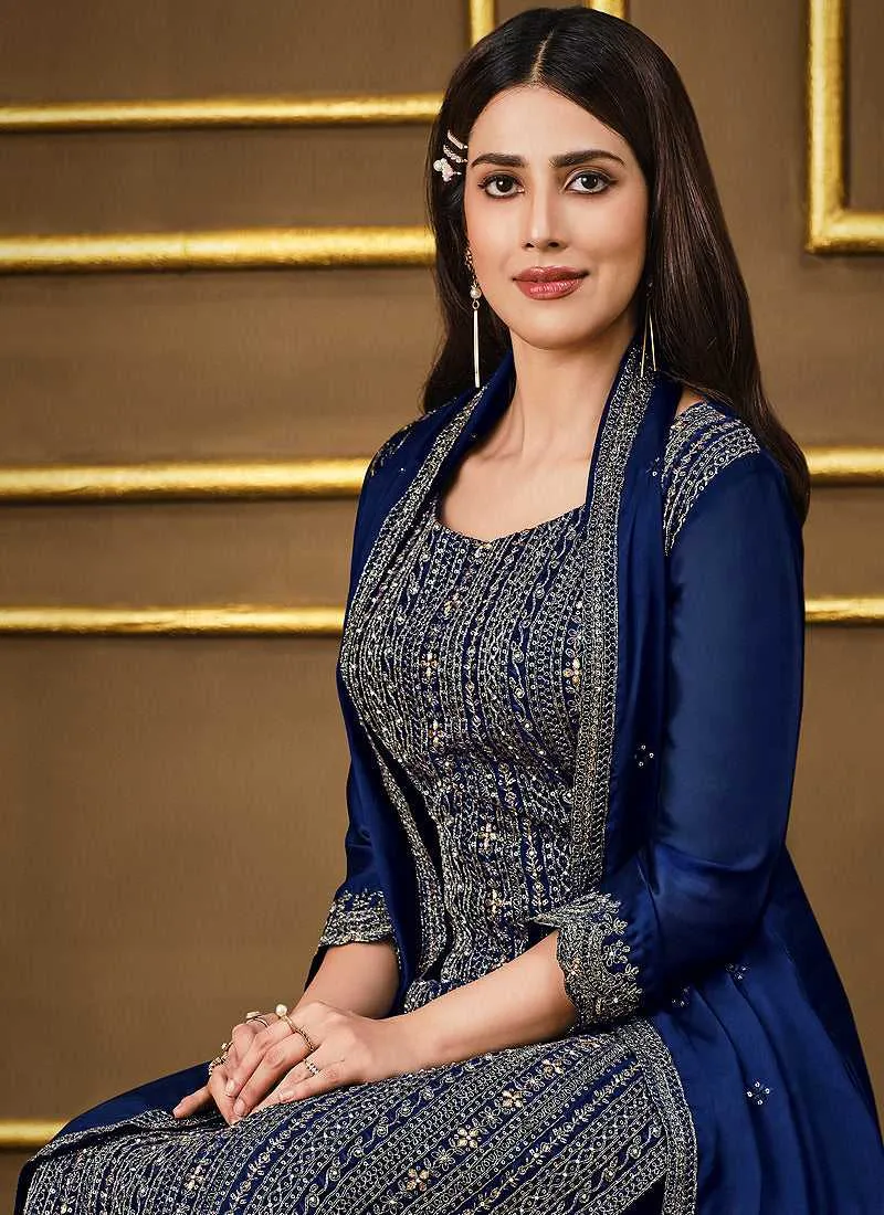 Blue Embroidered Fashionable Pant Style Suit