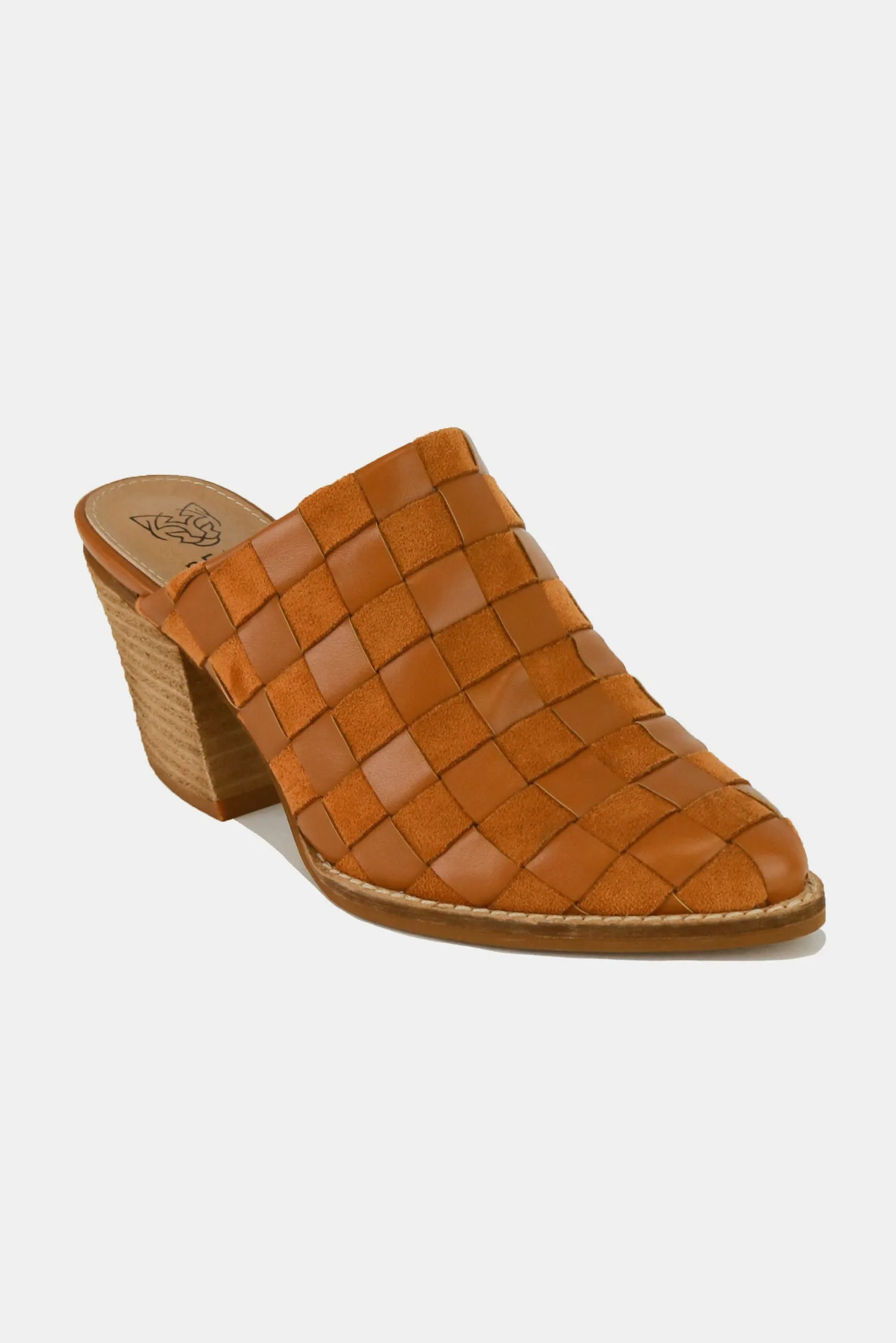 Brown Woven Checkerboard Block Heel Mule Shoes