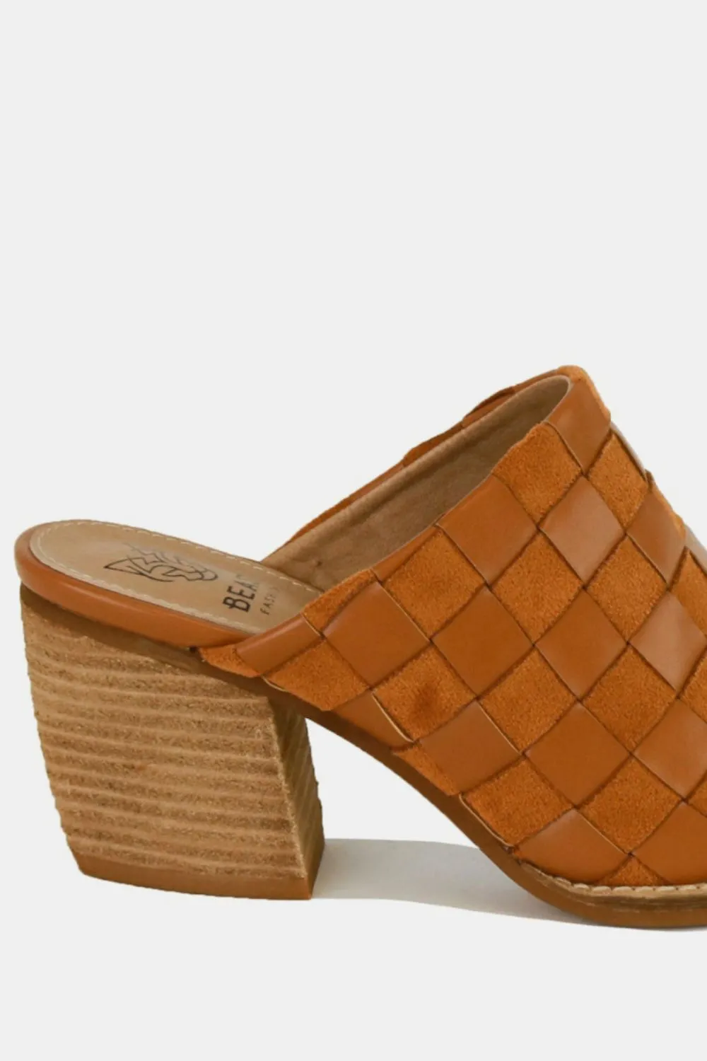 Brown Woven Checkerboard Block Heel Mule Shoes