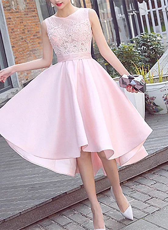 Fashionable High Low Satin Lace Pink Party Dress, Pink Bridesmaid Dress