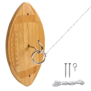 Football Hook and Ring Toss Game Set. Natural Bamboo Wall Mount for
