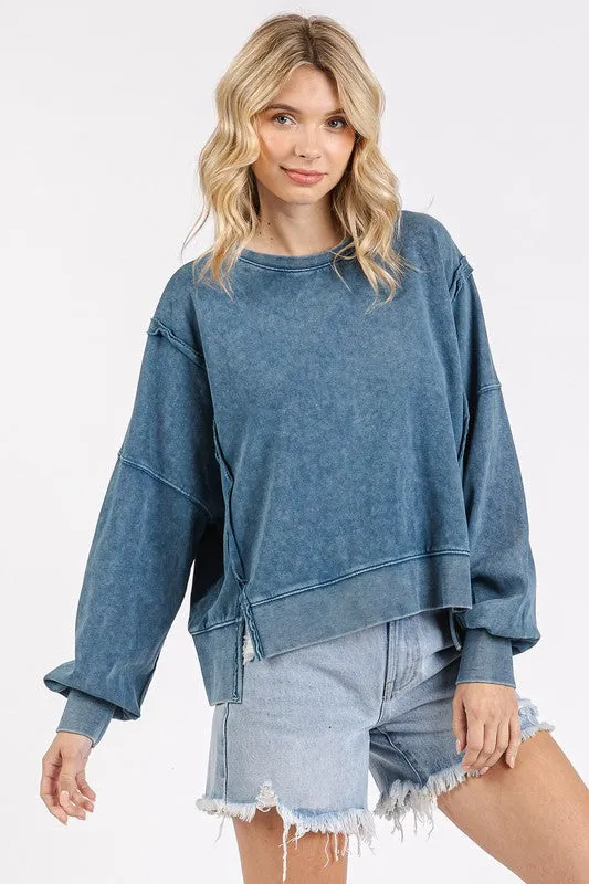 Hazel Blues® |  Mittoshop Side Slit Exposed Seam Round Neck Sweatshirt