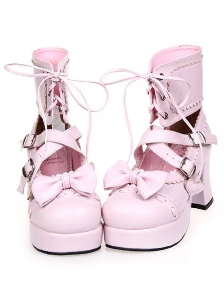 Lace-Up Bow Pink PU Leather Platform Round Toe Lolita Shoes