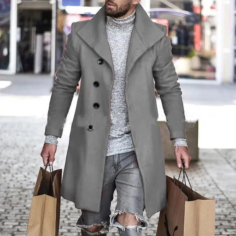 Men's solid color casual long woolen coat 2411009806