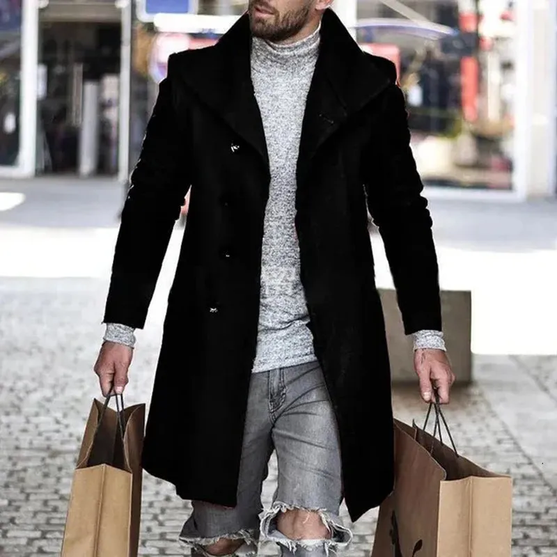 Men's solid color casual long woolen coat 2411009806