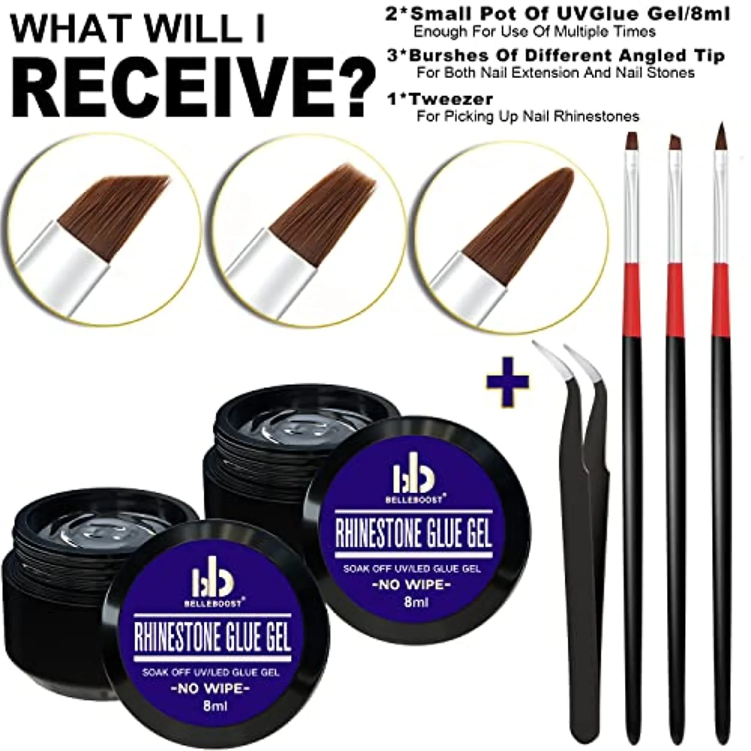 Nail Art 8mlx2 NO WIPE Rhinestone Glue Gel (LED Light Cure Needed) Adhesive Resin Gem Jewelry Diamond Beads Stone Gel Nail Polish Clear Decoration With 3 Brushes Tools   Pickup Pen   Tweezer