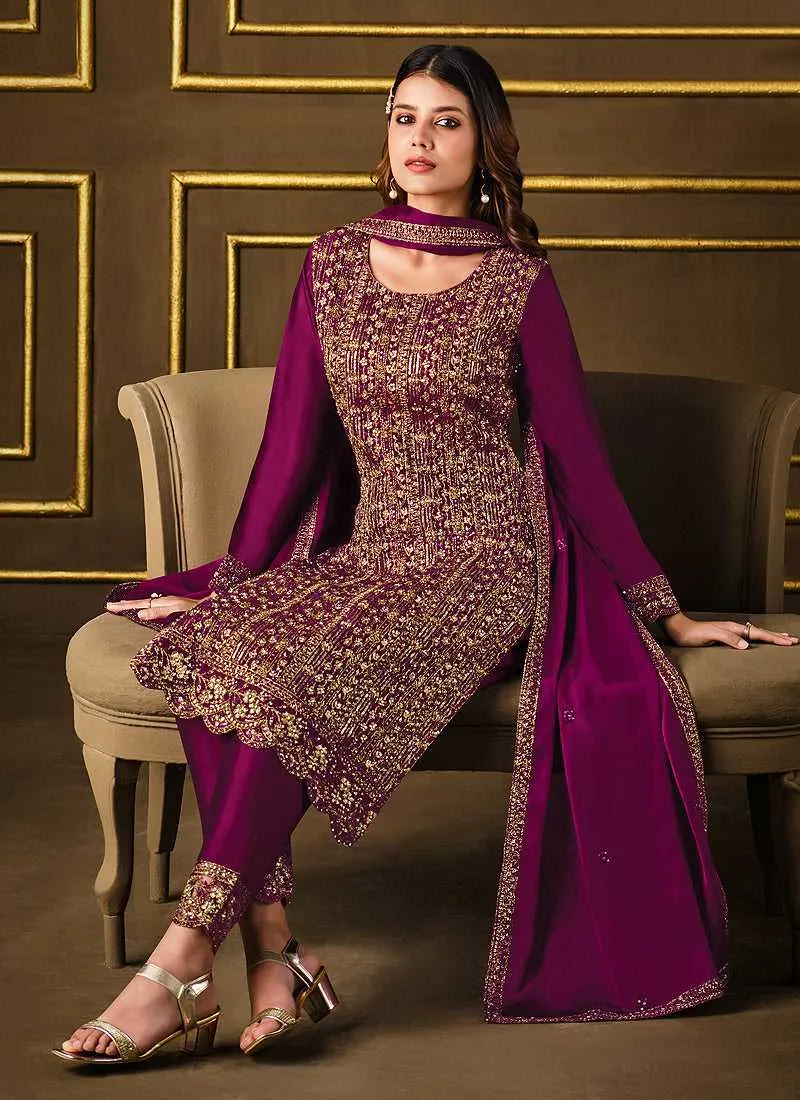 Purple Embroidered Fashionable Pant Style Suit