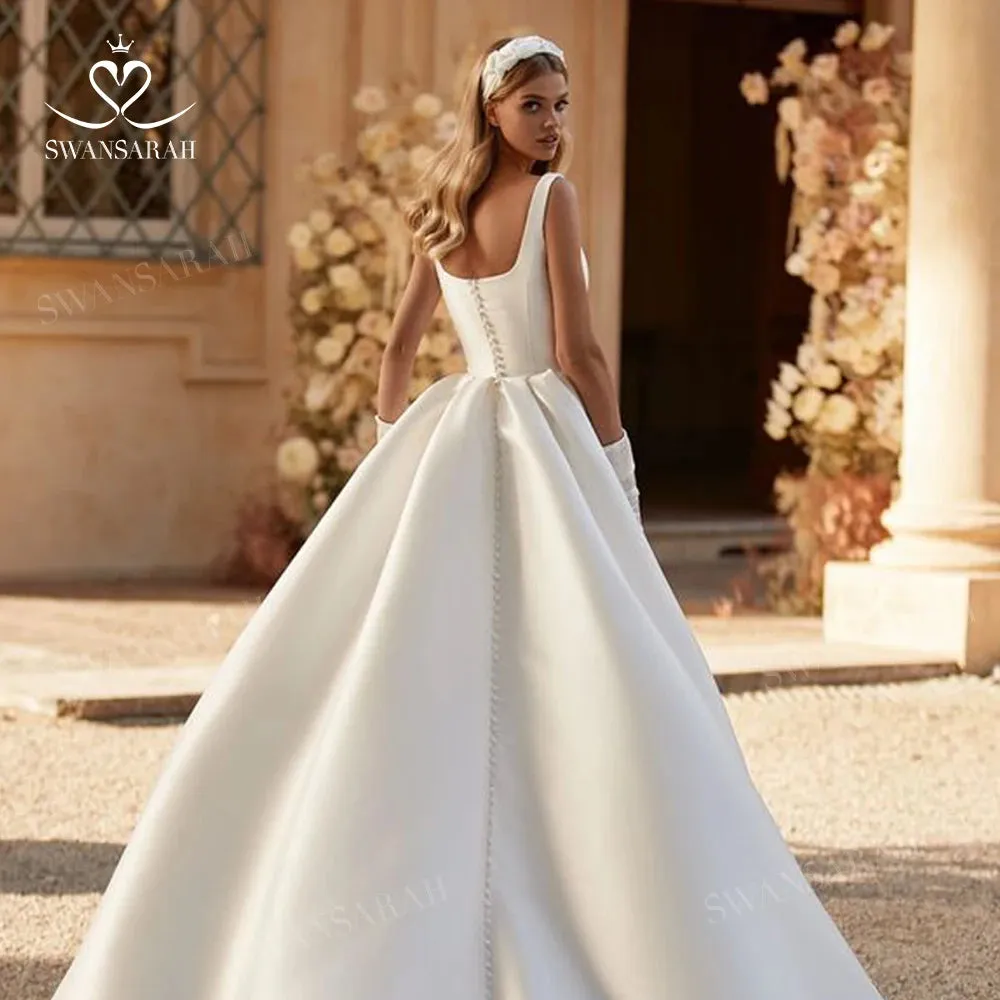 Sleeveless A-Line Wedding Dress Square Collar Court Train Princess Bride Gown