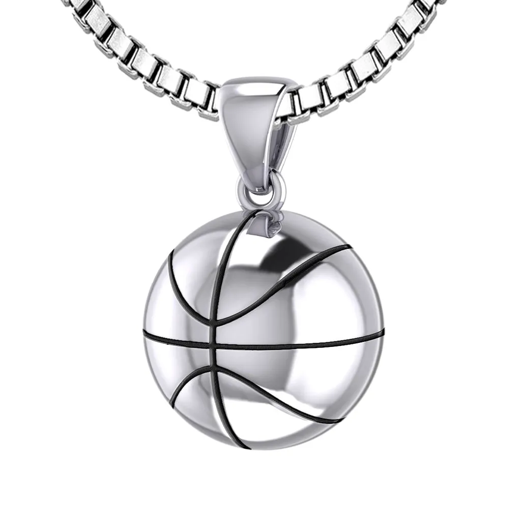 Small 925 Sterling Silver 3D Basketball Pendant Necklace, 13mm