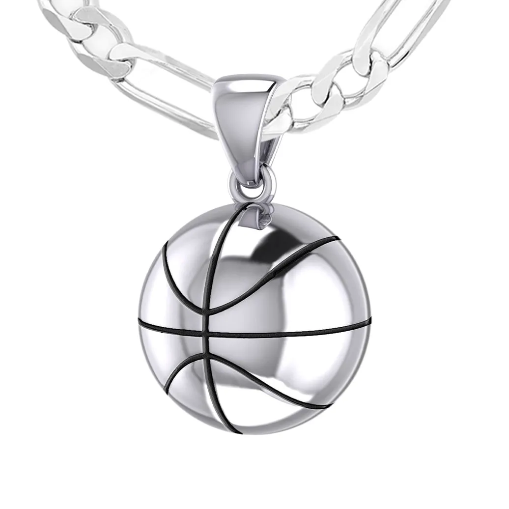 Small 925 Sterling Silver 3D Basketball Pendant Necklace, 13mm