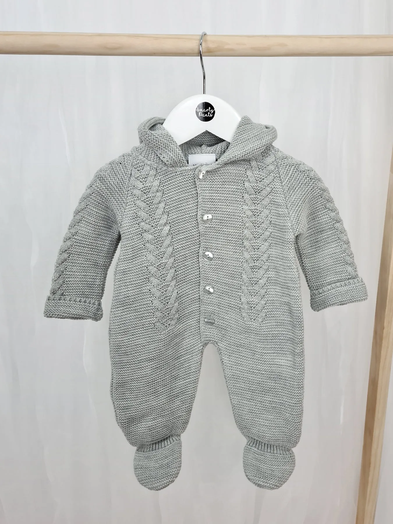 Unisex Grey Knitted Pramsuit with Pom Pom Hood - 2 Shades