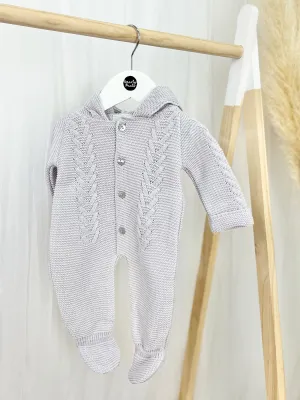 Unisex Grey Knitted Pramsuit with Pom Pom Hood - 2 Shades