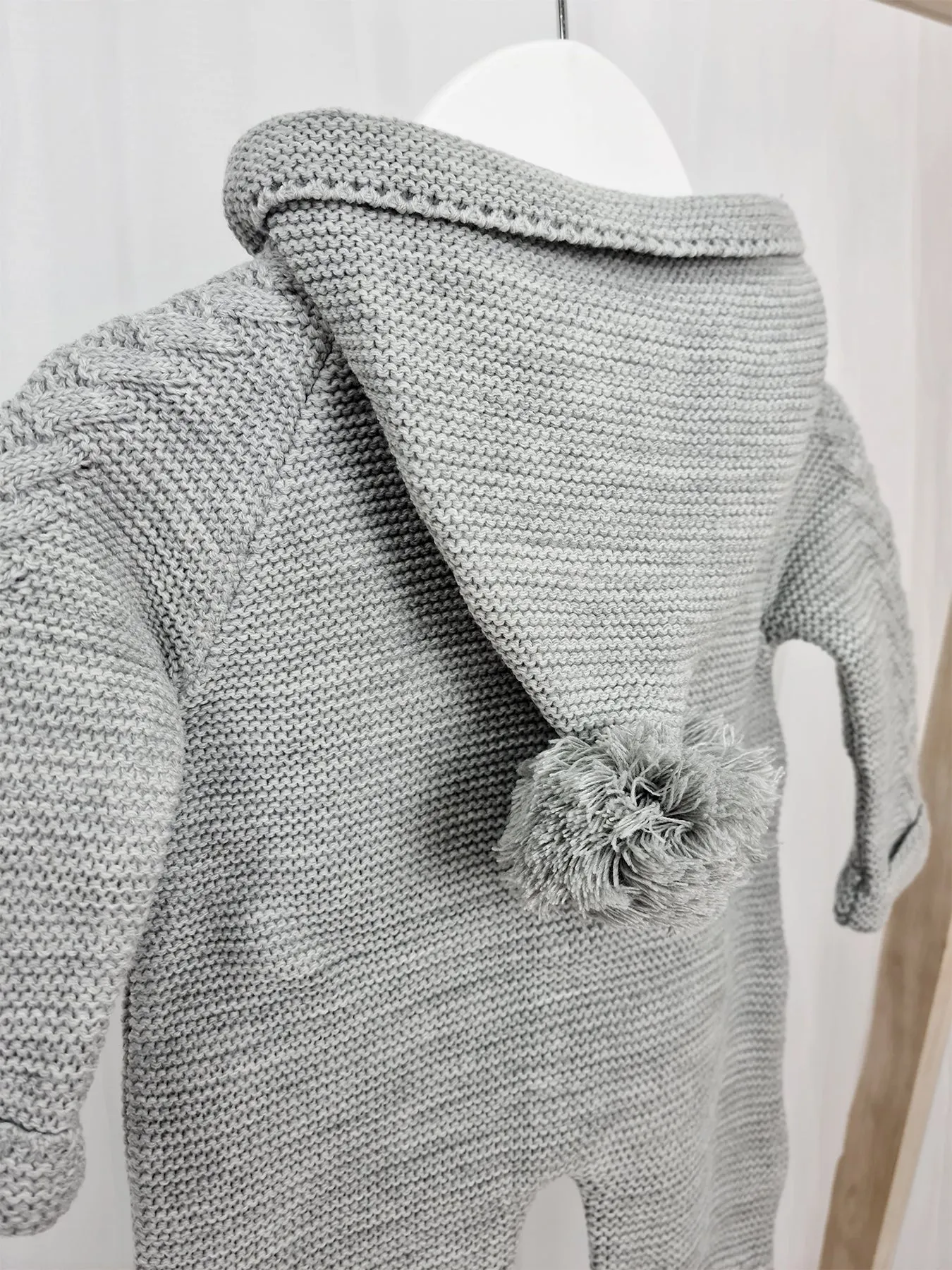 Unisex Grey Knitted Pramsuit with Pom Pom Hood - 2 Shades