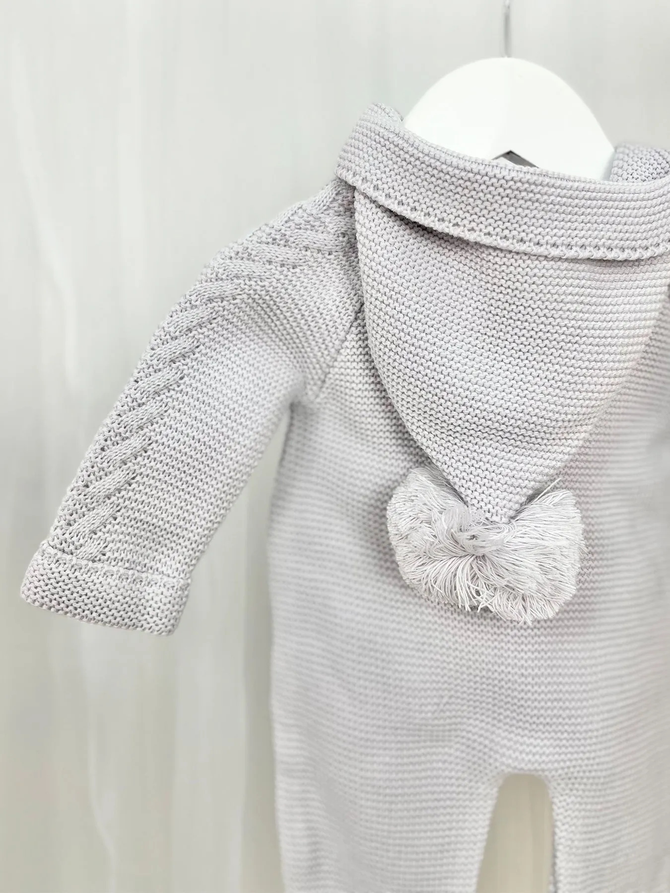 Unisex Grey Knitted Pramsuit with Pom Pom Hood - 2 Shades