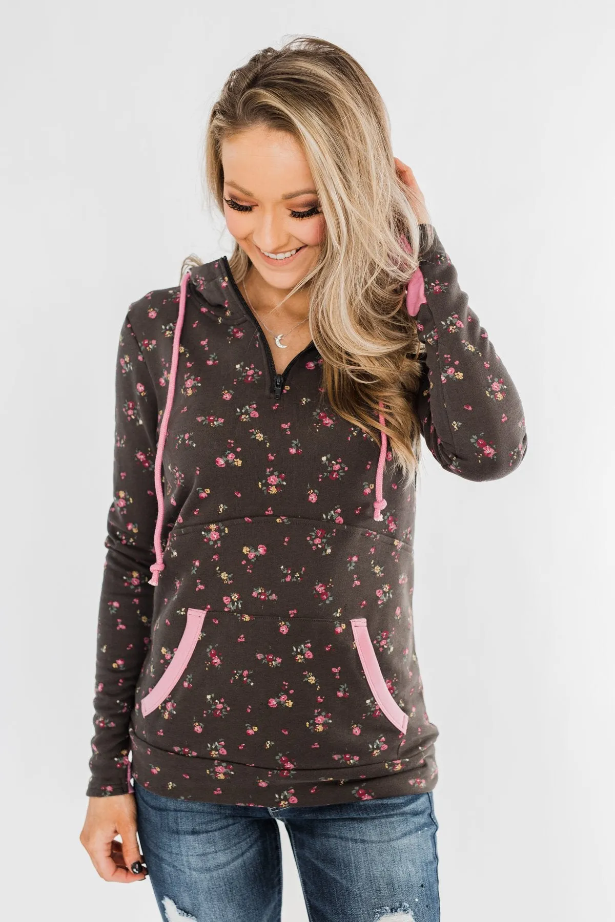 Walk In The Park Floral Drawstring Hoodie- Dusty Charcoal