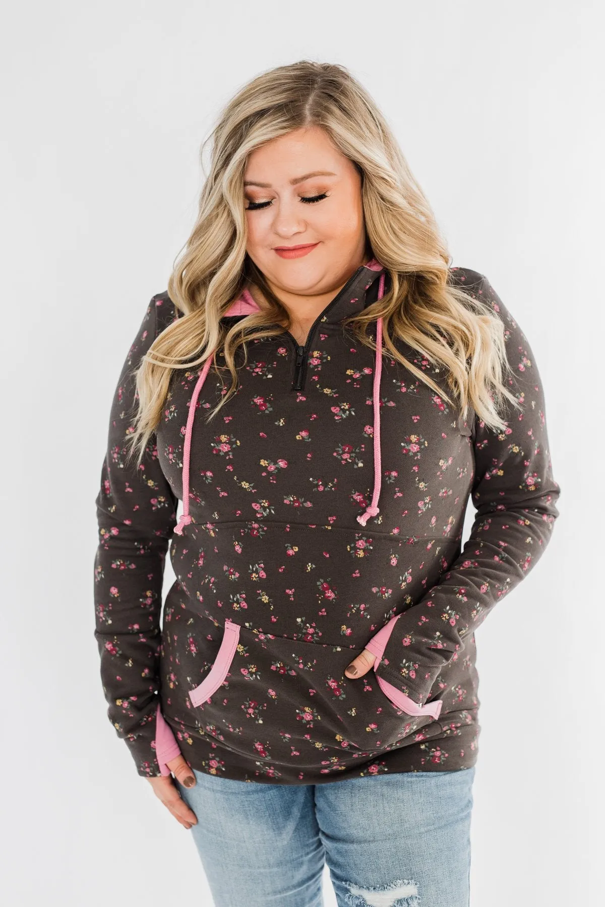 Walk In The Park Floral Drawstring Hoodie- Dusty Charcoal