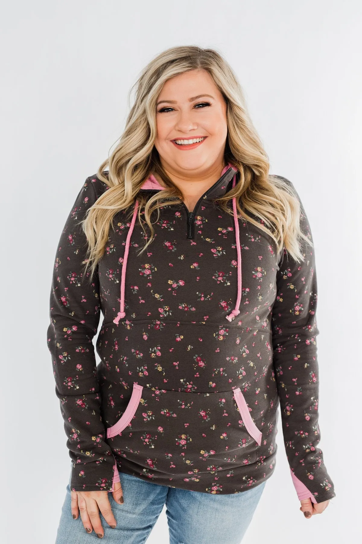 Walk In The Park Floral Drawstring Hoodie- Dusty Charcoal