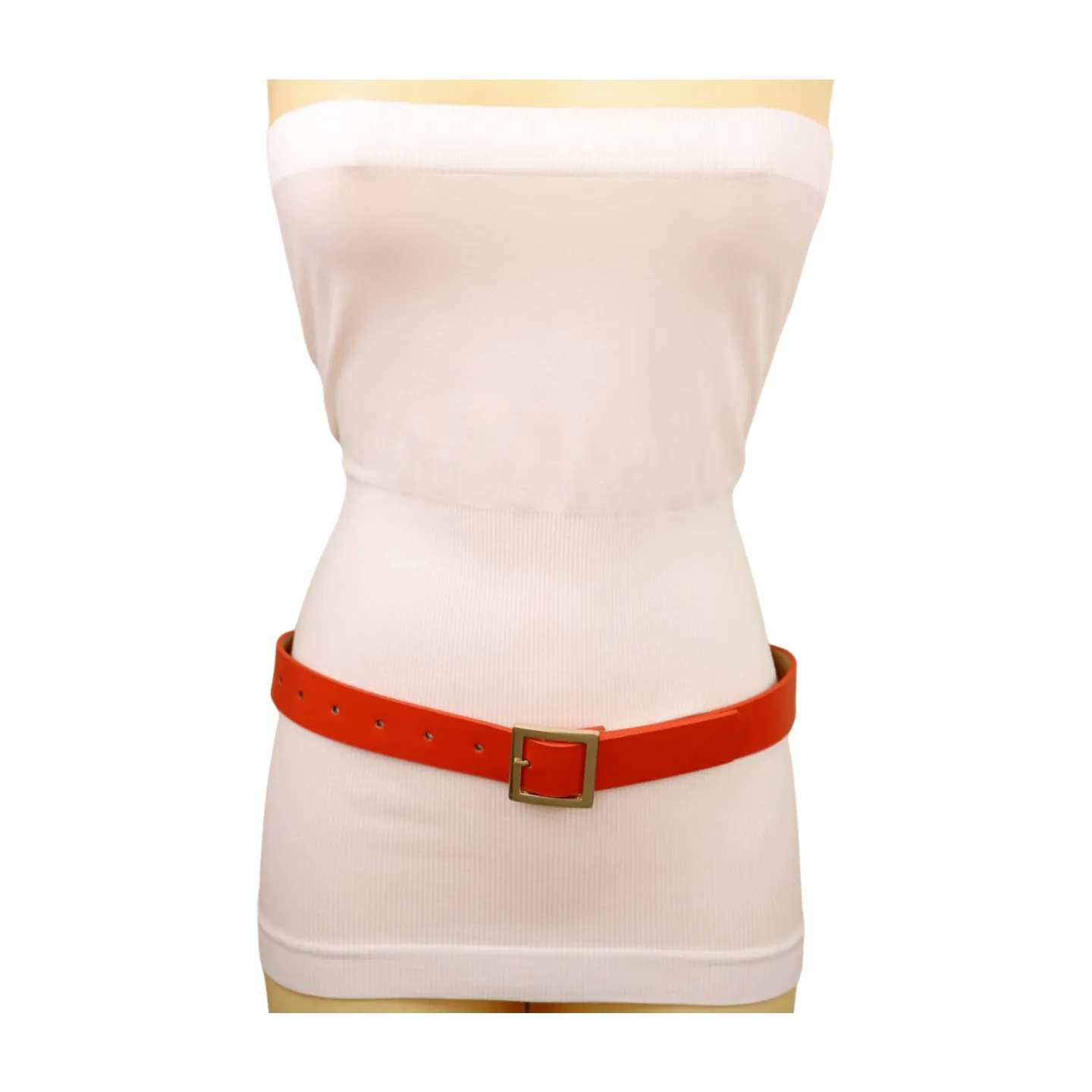 Women Orange Faux Leather Skinny Band Classic Belt Gold Metal Square Buckle M L