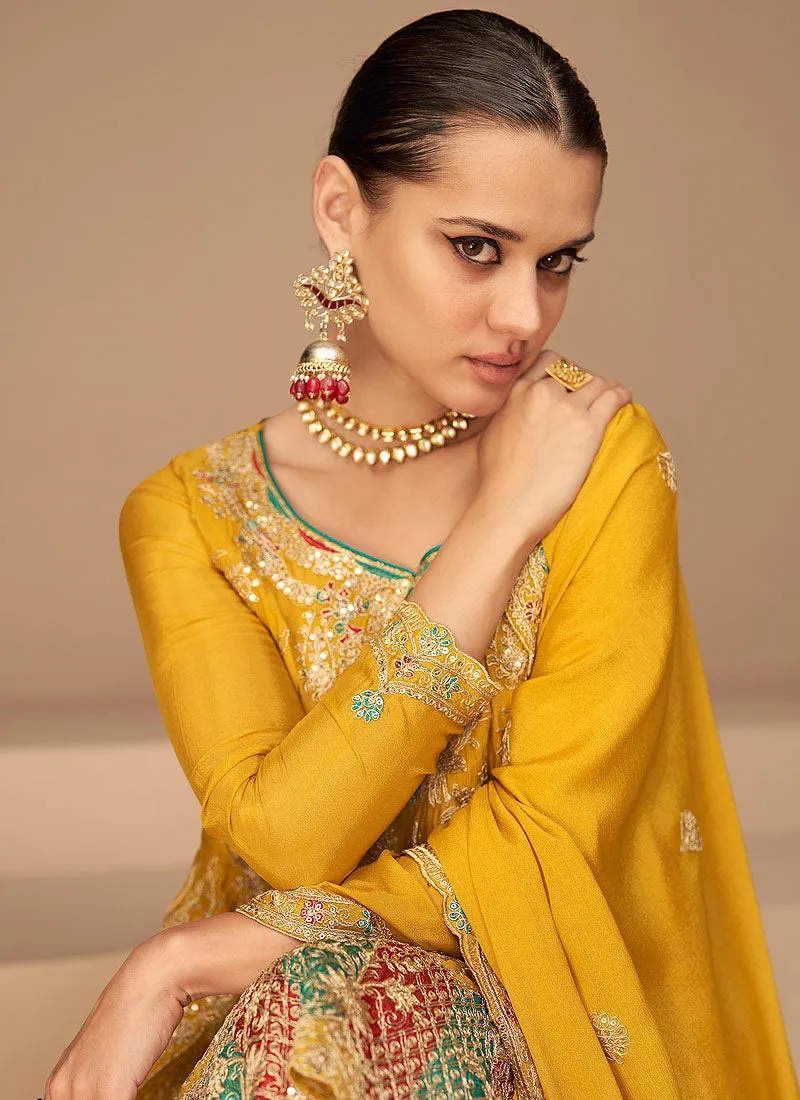 Yellow and Gold Embroidered Fashionable Pant Style Suit